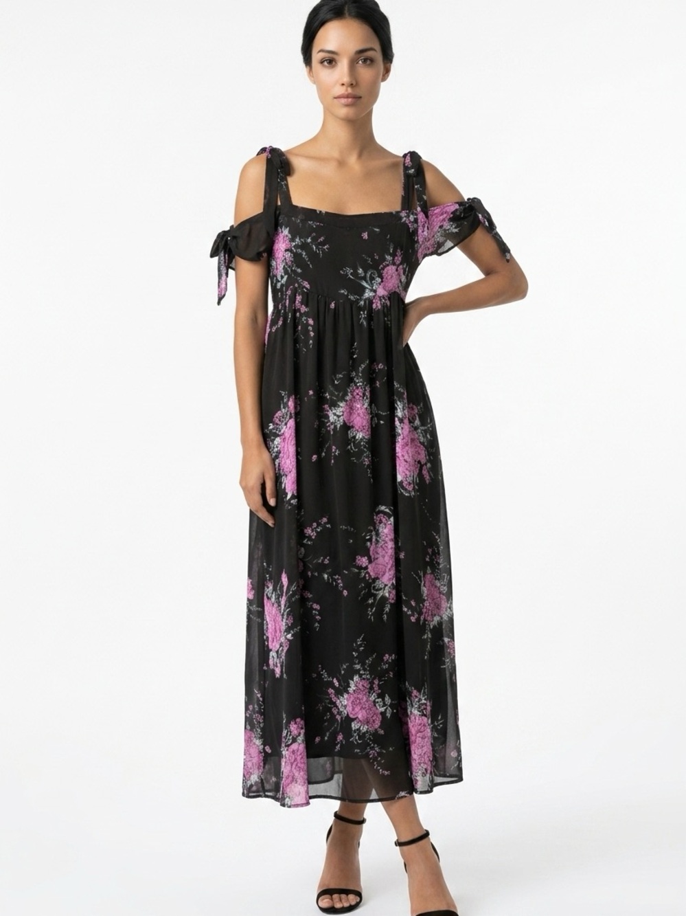 FREE PEOPLE | Black Purple Floral Double Tie-Shoulder Maxi Dress Women’s Size XS